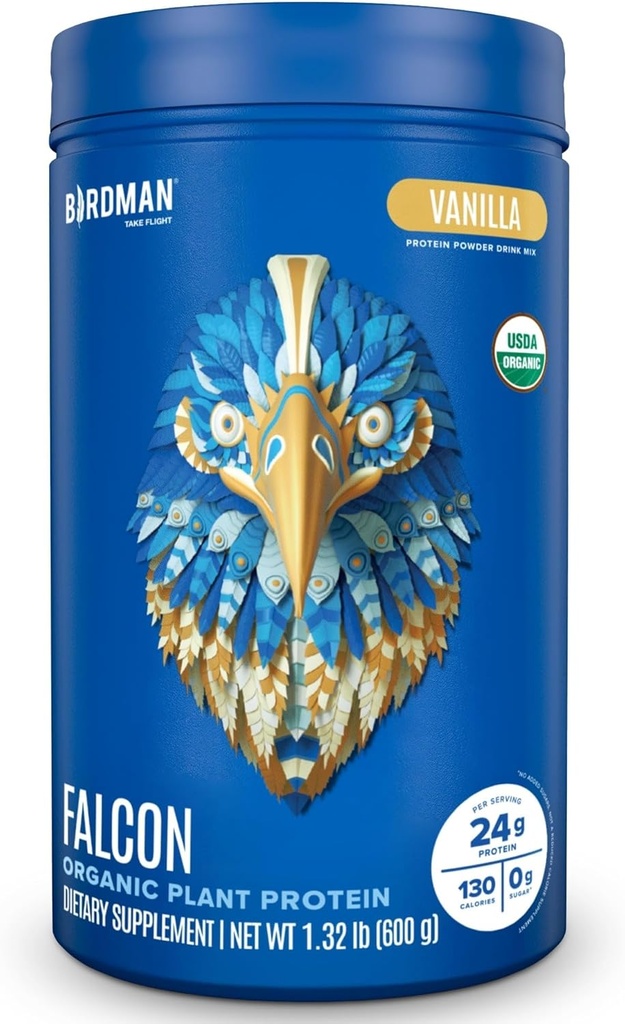 Faucon BIRDMAN en poudre de protéines végétales biologiques Vanille, 24g de protéines, sans sucre, probiotiques, faible teneur en glucides, céto, sans produits laitiers, sans lactose, sans lactosérum, à base végétale en poudre de protéines de pois - 18 portions