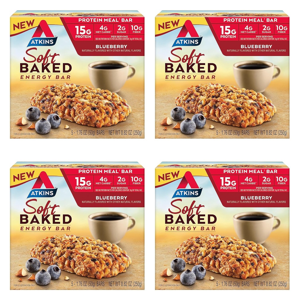 Atkins Blueberry aromatisé doux au four barres d'énergie, élevé dans la barre de snack de protéines, faible sucre, snack de fibre haute, snack de protéines, 4 paquets (4 barres chacun)