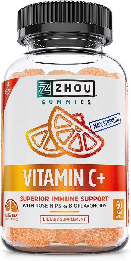 Gummies Zhou Vitamine C+ - Gummies Vitamine C pour les adultes et les enfants, 270 mg par Gummy avec des bioflavinoides et Acerola pour le soutien immunitaire - 60 Gummies Vegan