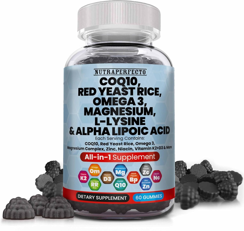 L-Lysine Coq10 Alpha Acide lipoïque Gommies Red Yeast Riz Magnésium Gommy pour Adultes et Enfants - Suppléments Amino Acid Omega 3 Niacine Zinc Vitamine K2 D3 B3 - Vitamines pour Femmes et Hommes - 60 Ours Gommy
