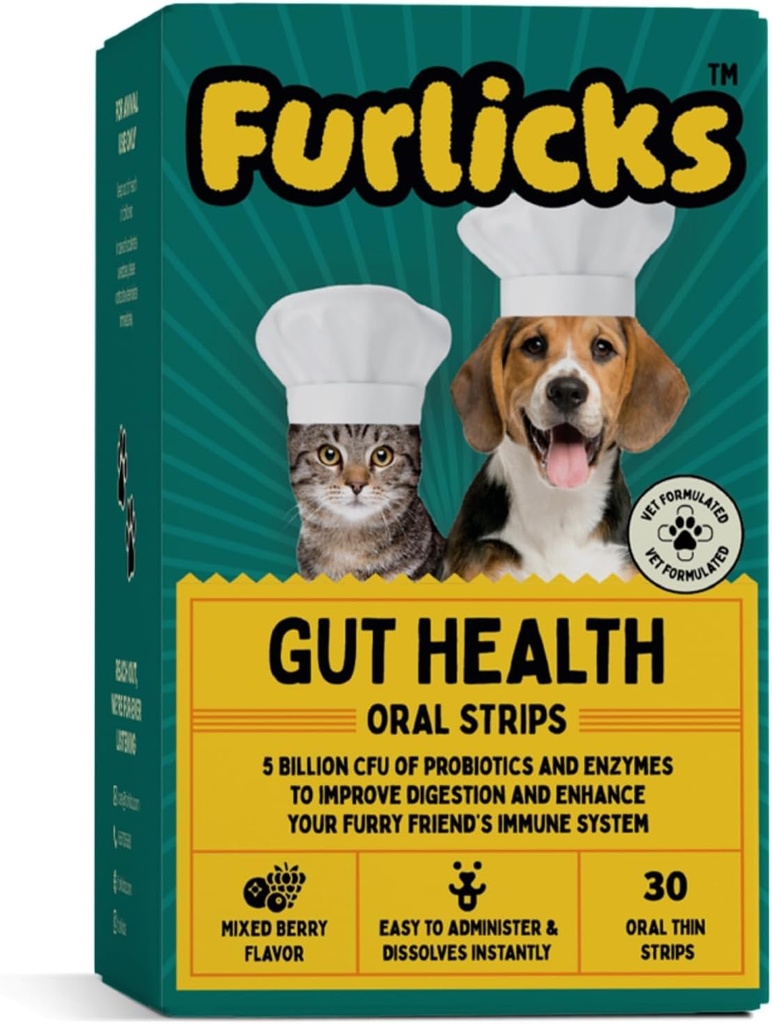 Furlicks Gut Supplément santé pour les chiens et les chats.Probiotiques, protéase, lipase pour l'amélioration de la digestion, l'amélioration de l'immunité, la flore de Gut saine et la diarrhée et le soutien de l'intestin (30 bandes de dissolution orale)