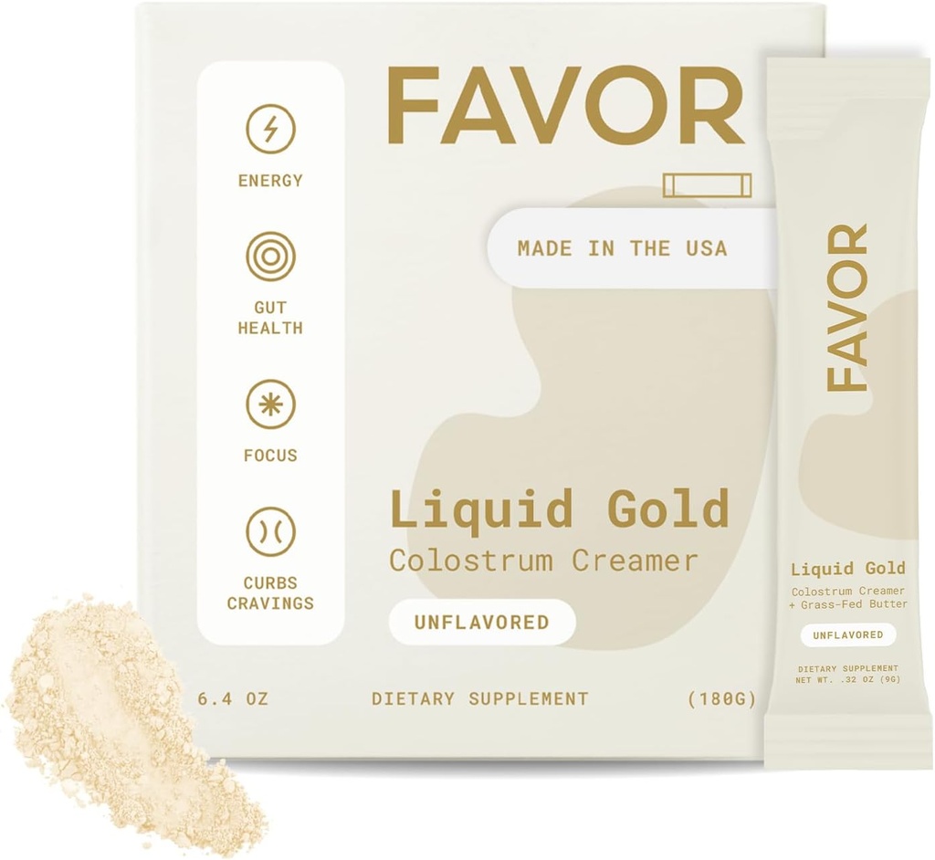 FAVOR Bovine Colostrum Creamer (Cows de fées d'herbes) Powder Packets pour le café (huile MCT) Liquid Gold Whole Colostrum (Colostrum entier) Keto Friendly Superfood (Fabriqué avec du beurre)