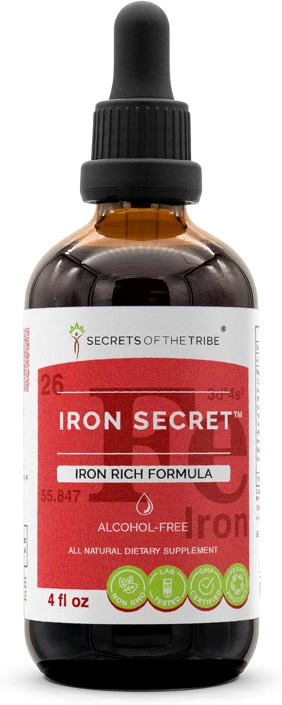 Secrets de la tribu - Iron Secret, formule riche en fer, mélange de suppléments à base de plantes gouttes sans alcool extrait liquide 4 Fl Oz