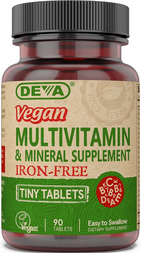 Deva Vegan Multivitamine et supplément minéral sans fer - avec les vitamines A, C, D, E, B complexe, préparation haute puissance pour la santé quotidienne et le bien-être - 90 comprimés minuscules, 1-pack