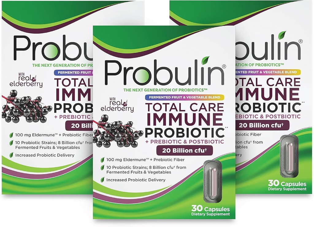 Probuline Total Care Immune = Prébiotiques + Probiotiques + Postbiotiques + Elderberry pour soutenir la santé immunitaire et gustative - 20 milliards CFU - 10 souches - 30 capsules véganes (paquet de 3)
