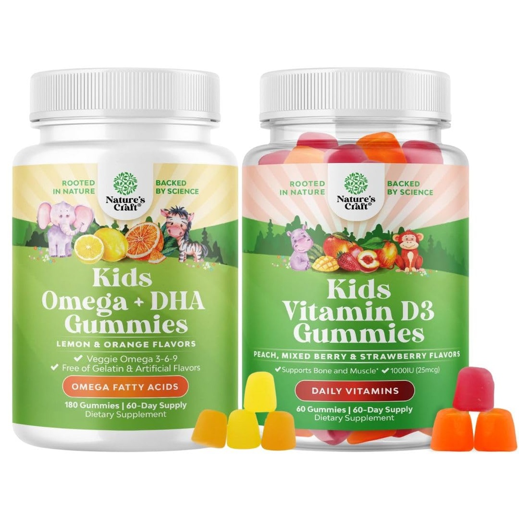 Ensemble de gommes Omega DHA pour les enfants - Acides gras Omega 3 6 9 - Vitamine C pour le cerveau, l'immunité et la vision et les gommes Vitamine D pour les enfants - 1000 UI par portion - Soutien immunitaire aux dents musculaires et à la santé des os