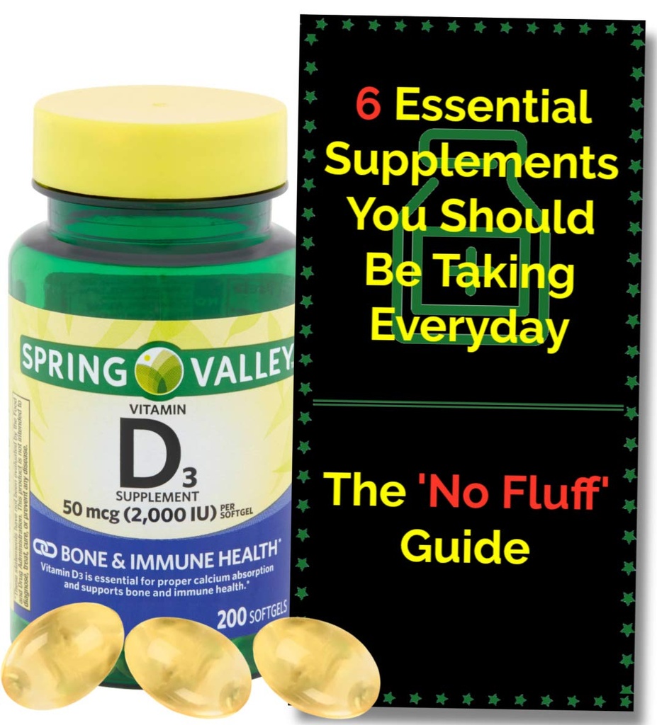 Vitamine D3 2000iu Softgels (50 mcg) (200 Compte - 6 mois et plus) Santé des os et des immunes de Spring Valley. + Guide de supplément « Pas de fluff »