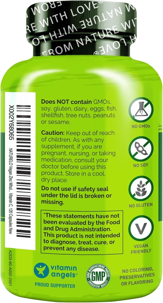 NATURELO Vegan Zinc Immune Support Capsules - Complexe alimentaire entier avec vitamine C pour la peau, les cheveux et les ongles sains - 120 Capsules
