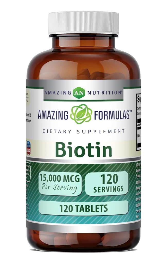 Formules étonnantes Supplément Biotine , 15000 Mg par service , 120 comprimés , non-OGM , sans gluten , Fabriqué aux États-Unis