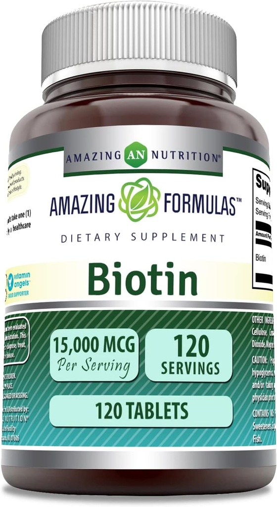 Formules étonnantes Supplément Biotine , 15000 Mg par service , 120 comprimés , non-OGM , sans gluten , Fabriqué aux États-Unis