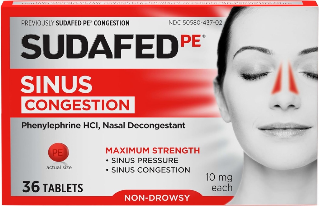 Comprimés Sudafed PE Sinus Relief, Résistance maximale, Non-Drowsy 10 mg Phénylephrine HCI Defongetant pour Sinus Pressure & Nasal Relief, En raison du froid ou des allergies, 36 ct