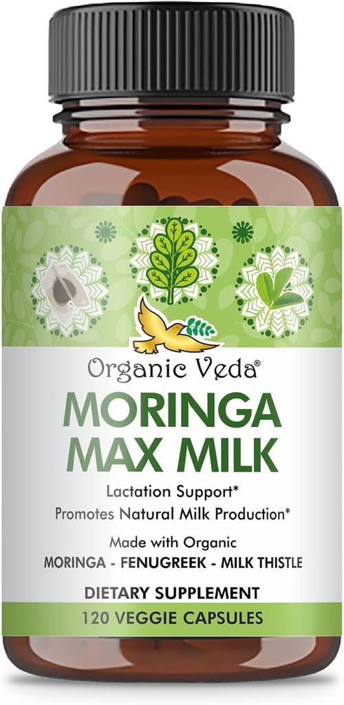 Veda Bio Moringa Max Lait Supplément d'allaitement (120 Capsules) - 1800mg Complexe végétalien biologique Super Strength avec Fenugreek, Thistle de lait, Moringa Feuille et graines pour l'allaitement maternel
