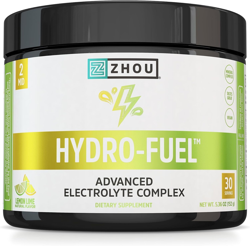 ZHOU Hydro-Fuel - Poudre d'électrolytes, sans sucre Mélange de boisson d'hydratation avec/Magnésium, zinc, potassium et sodium, nutriments, minéraux et extrait d'eau de coco, sans sucre - citron Lime, 5,36 oz (30 portions)