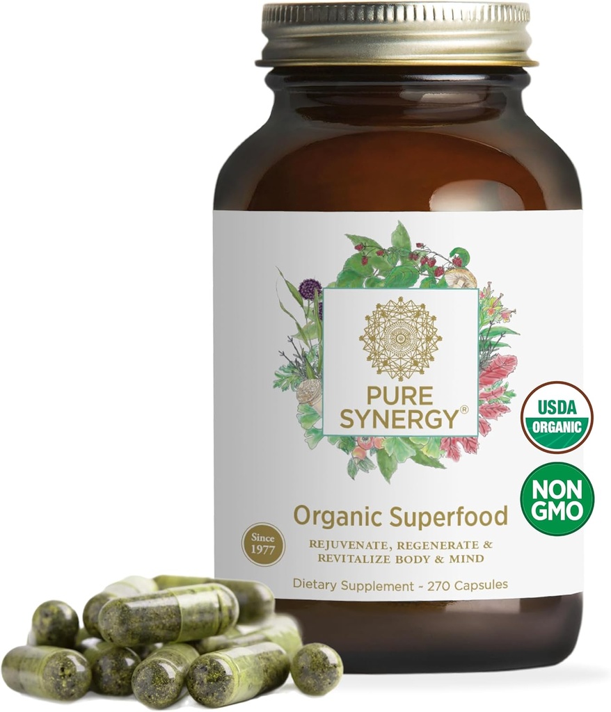 PURE SYNERGY Superfood Capsules De Superfood Biologique & Supplément de Verts Des aliments entiers comme les Super Greens, Spiruline et Champignons pour l'énergie, le vieillissement en santé et la santé immunitaire (270 capsules)