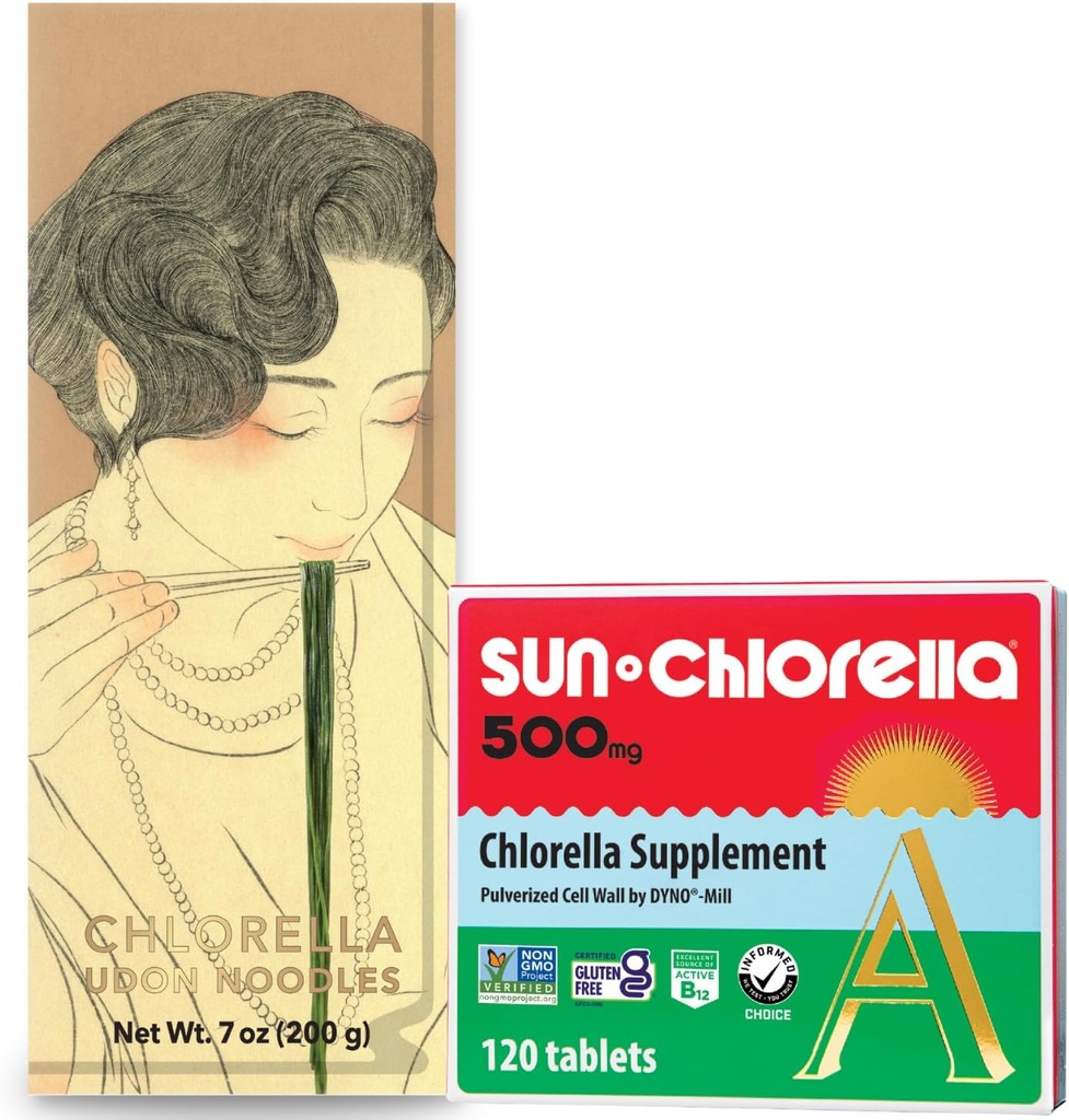 Sun Chlorella Green Goodness Bundle - 500mg Superfood, non-OGM 120 comprimés + Udon Nouilles Chlorella, prêt à cuire, végétalien, végétarien 7,8 oz (4 portions)