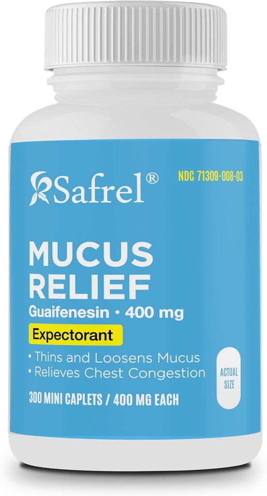 Safrel Pharma Mucus Relief Guaifenesin 400 mg - Expectorant à action rapide, Thins and Loosens Mucus, Soulage la congestion thoracique, la toux, le froid et la grippe (300 Nombre (paquet de 1))