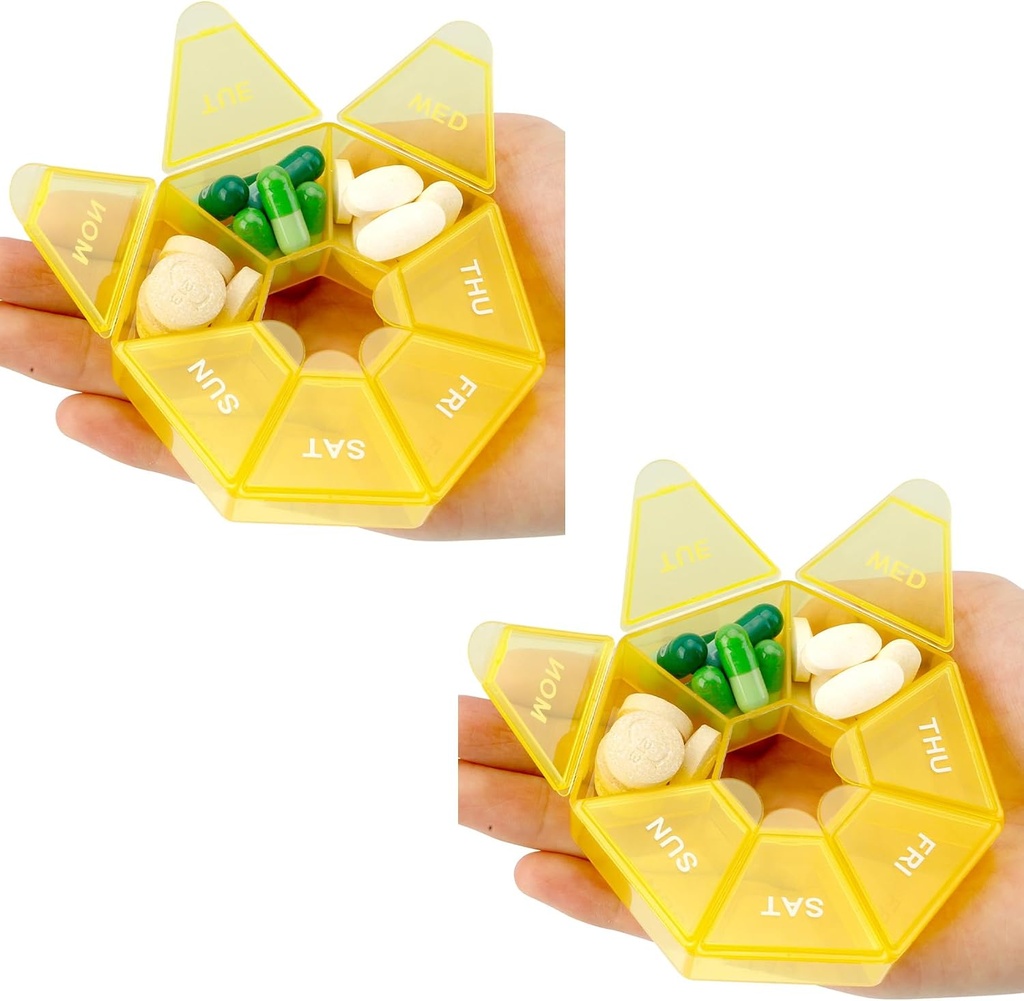 Pill Organizer 2 Pack - hebdomadaire 7 jours petit cas pour la médecine, 1 fois par jour conteneur, titulaire de voyage (jaune)