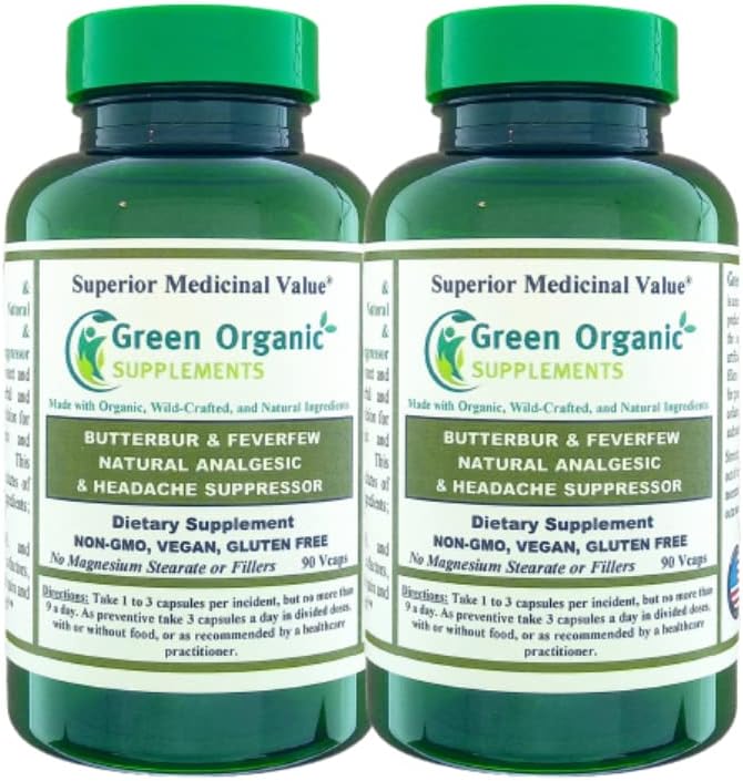 Suppléments bio verts Butterbur, Feverfew, analgésique, analgésique, et suppresseur de maux de tête, 90 VCaps, haute absorption, non OGM, sans gluten (paquet de 2)