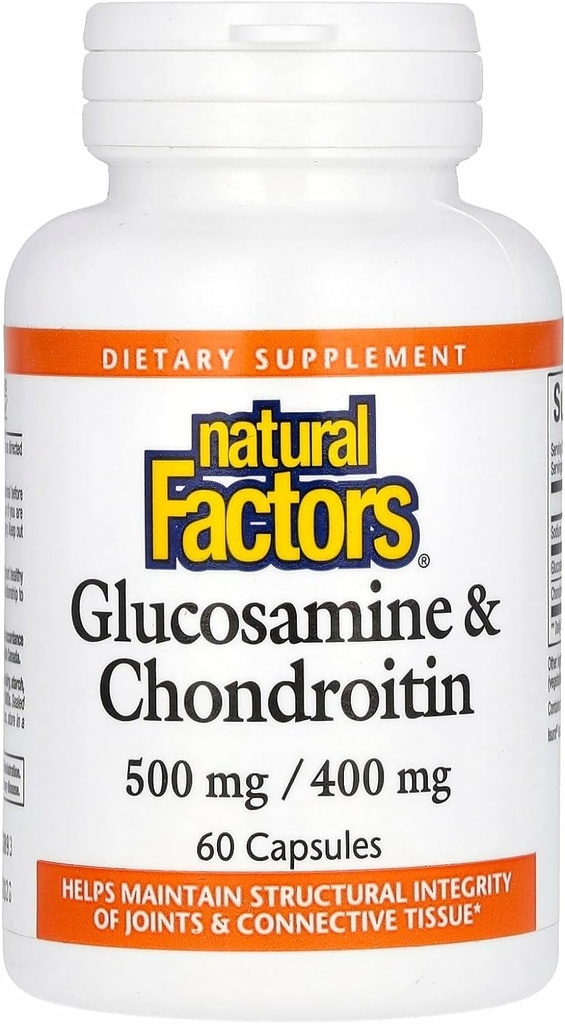 Facteurs naturels Glucosamine et Chondroïtine - Soutient des articulations saines et tissus conjonctifs - Non-OGM et sans gluten - 60 capsules (20 portions)