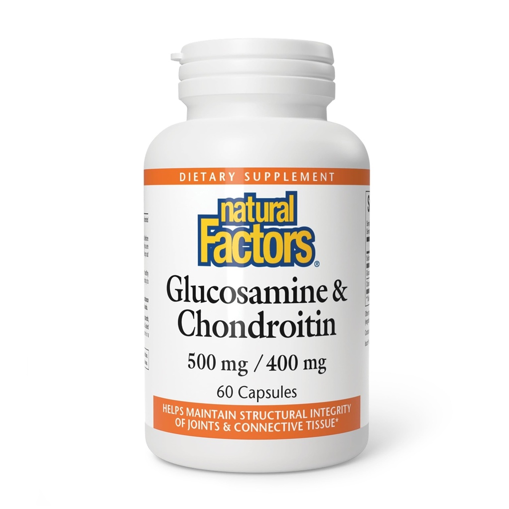 Facteurs naturels Glucosamine et Chondroïtine - Soutient des articulations saines et tissus conjonctifs - Non-OGM et sans gluten - 60 capsules (20 portions)