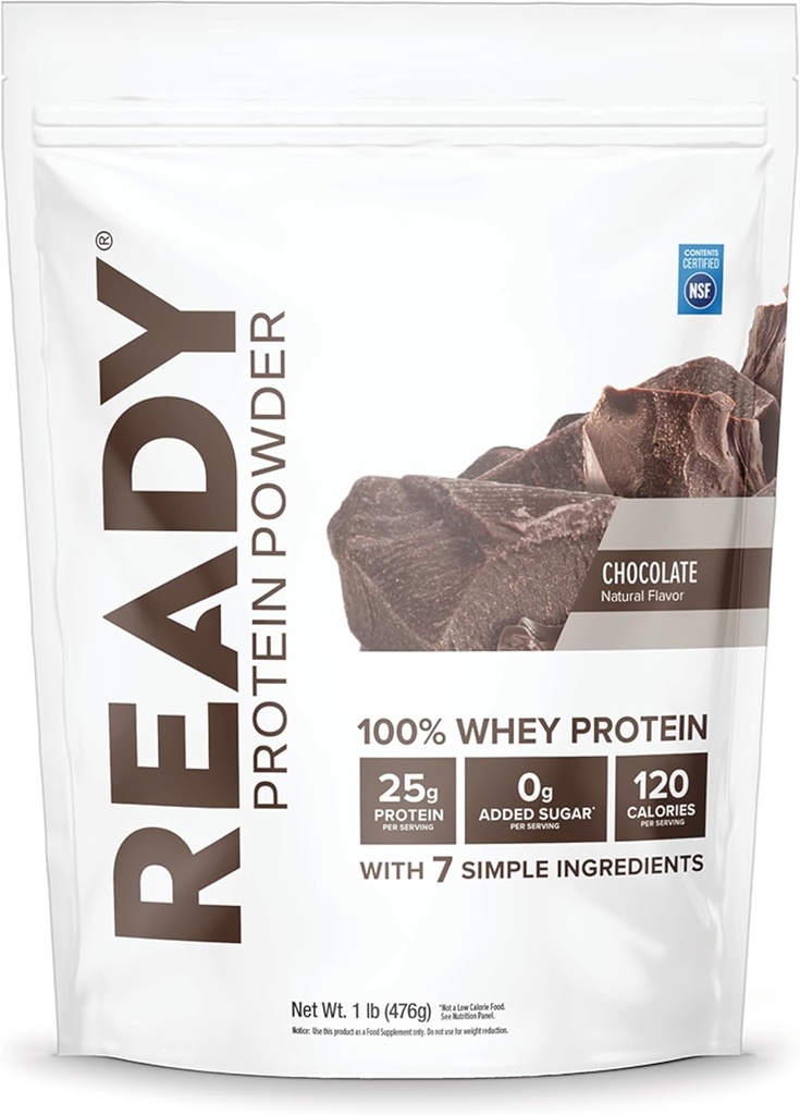 Poudre de protéines Ready® – 25g Protéine de lactosérum, 120 calories, 0g Sucre ajouté – 7 ingrédients simples – Pas d'additifs artificiels – Sans gluten, propre et naturel – Chocolat (1 Pound Bag)