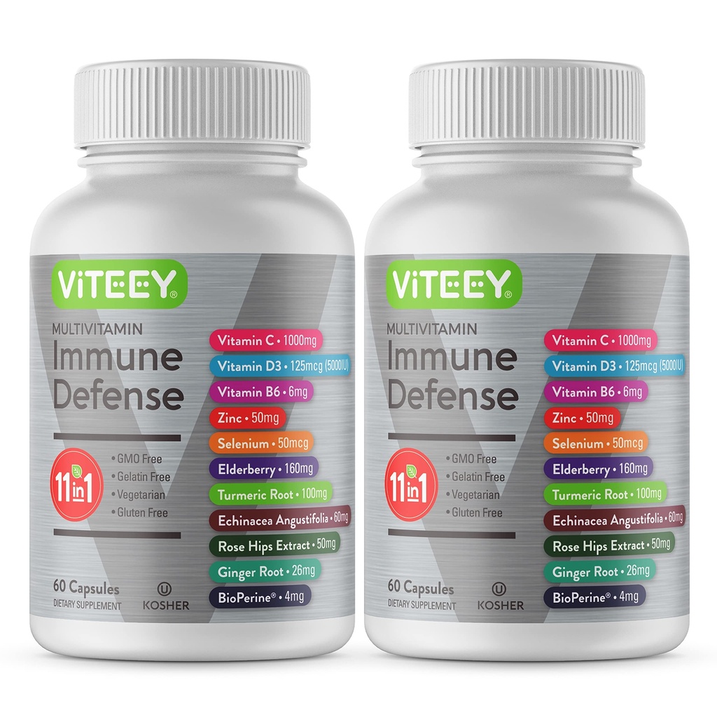 VITEEY 11 en 1 Supplément de soutien immunitaire - Immune Defense with Vitamine D3, B6, Echinacea, Turmeric, Rose-HIPS, Sélénium, BioPerine, Ginger, Elderberry Vitamine C and Zinc - 120 Compte