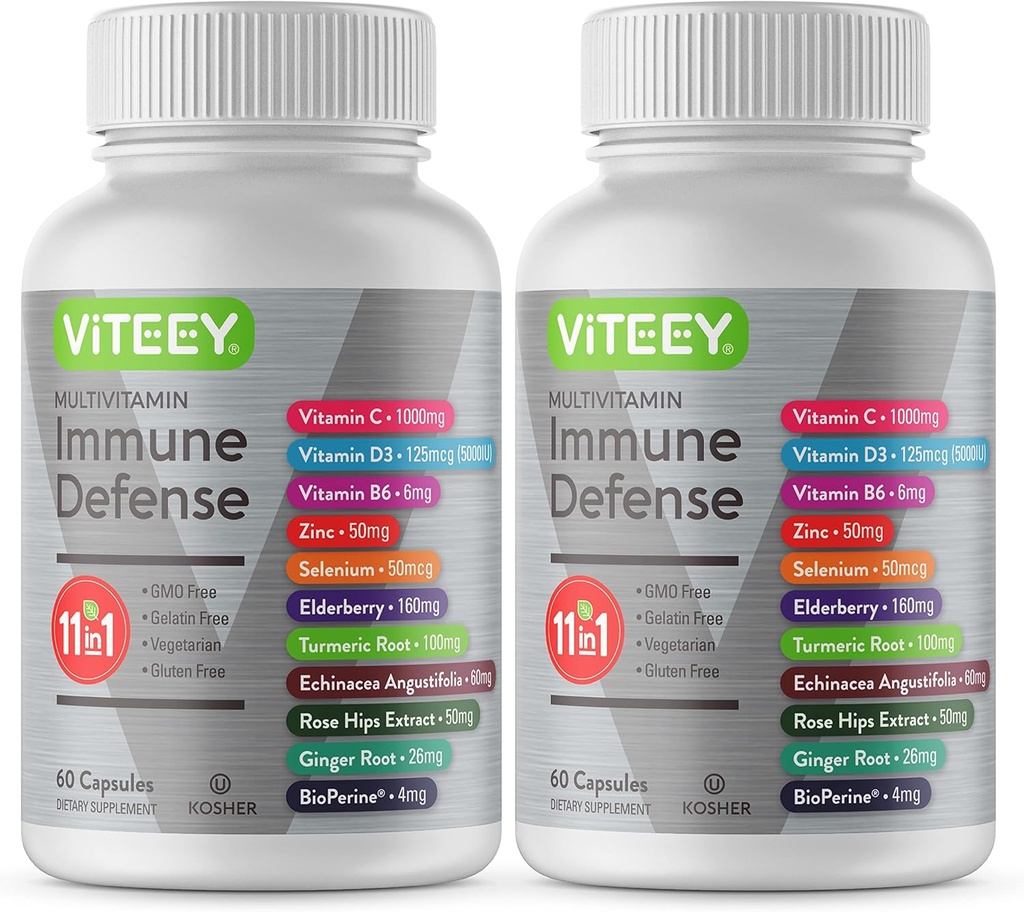 VITEEY 11 en 1 Supplément de soutien immunitaire - Immune Defense with Vitamine D3, B6, Echinacea, Turmeric, Rose-HIPS, Sélénium, BioPerine, Ginger, Elderberry Vitamine C and Zinc - 120 Compte