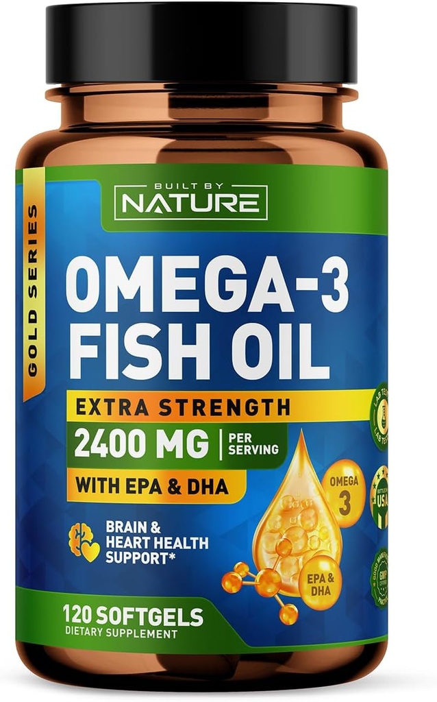 Construit par la nature Omega 3 Huile de poisson Gels mous - 2400 mg Huile de poisson, 1440 mg Omega 3, 864 mg EPA, 576 mg DHA - Supplément supplémentaire de soutien en santé du cerveau et du coeur - 120 Softgels