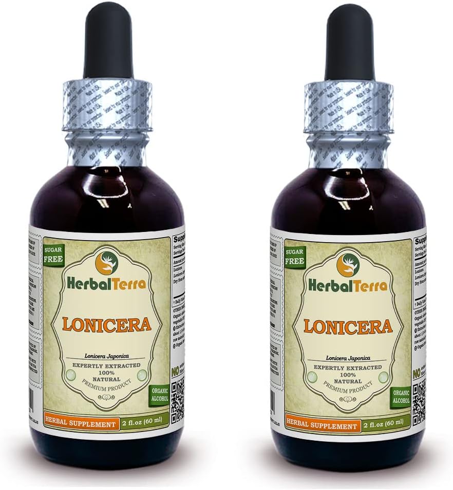 Lonicera (Lonicera Japonica) Teinture, Fleurs séchées Extrait liquide (Nom de marque: HerbalTerra, Fièrement fabriqué aux États-Unis) 2x2 fl.oz (2x60 ml)