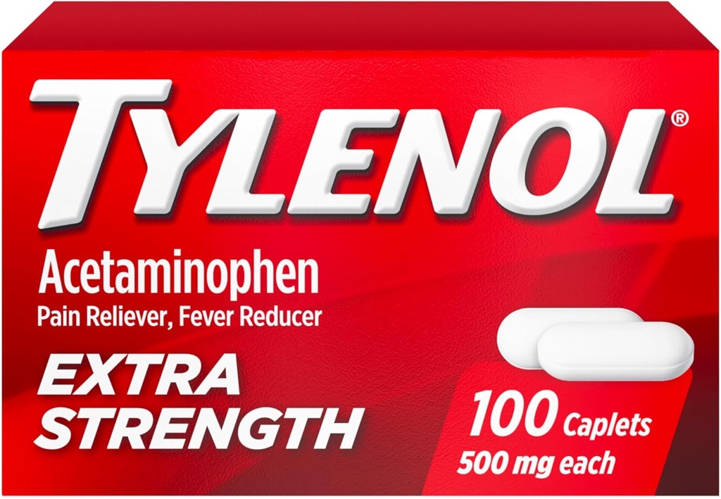 Tylenol Extra Strength Pain Relief Pills, Acétaminophène 500mg Caplets, analgésique et réducteur de fièvre Médicaments contre les maux de tête, les maux de dos, les dents et l'arthrite mineure, 100 bouteilles