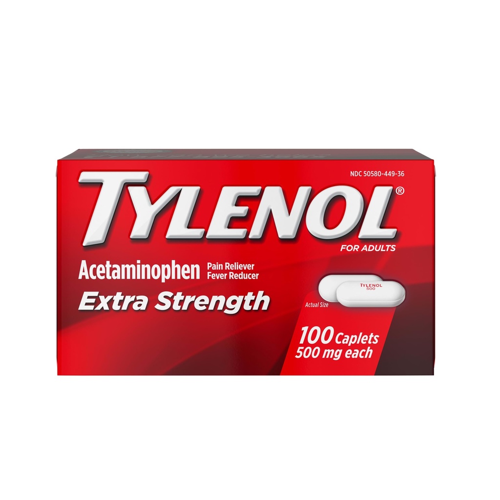 Tylenol Extra Strength Pain Relief Pills, Acétaminophène 500mg Caplets, analgésique et réducteur de fièvre Médicaments contre les maux de tête, les maux de dos, les dents et l'arthrite mineure, 100 bouteilles