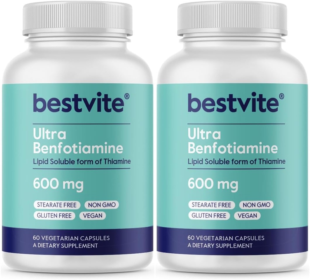 Ultra Benfotiamine 600mg par gélule (120 Capsules végétariennes) (60x2) Pas de stéarate - Pas de dioxyde de silicone - Vegan - Non OGM - Sans gluten - Concentration maximale Benfotiamine