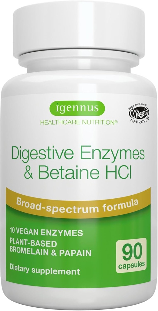Igennus Fast Action Enzymes digestifs & Betaine HCl, 10 Enzymes à large spectre avec protéase, lipase et lactase, papaine et bromelain, végétalien à base végétale, étiquetage propre, pour les femmes et les hommes, 90 capsules
