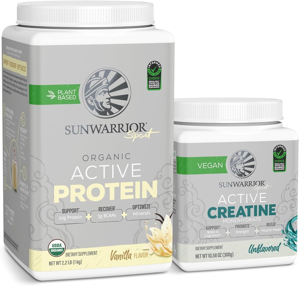 Sunwarrior Creatine Powder & Vanilla Active Organic Protein Powder Set (60 portions non aromatisées, 20 portions de vanille)