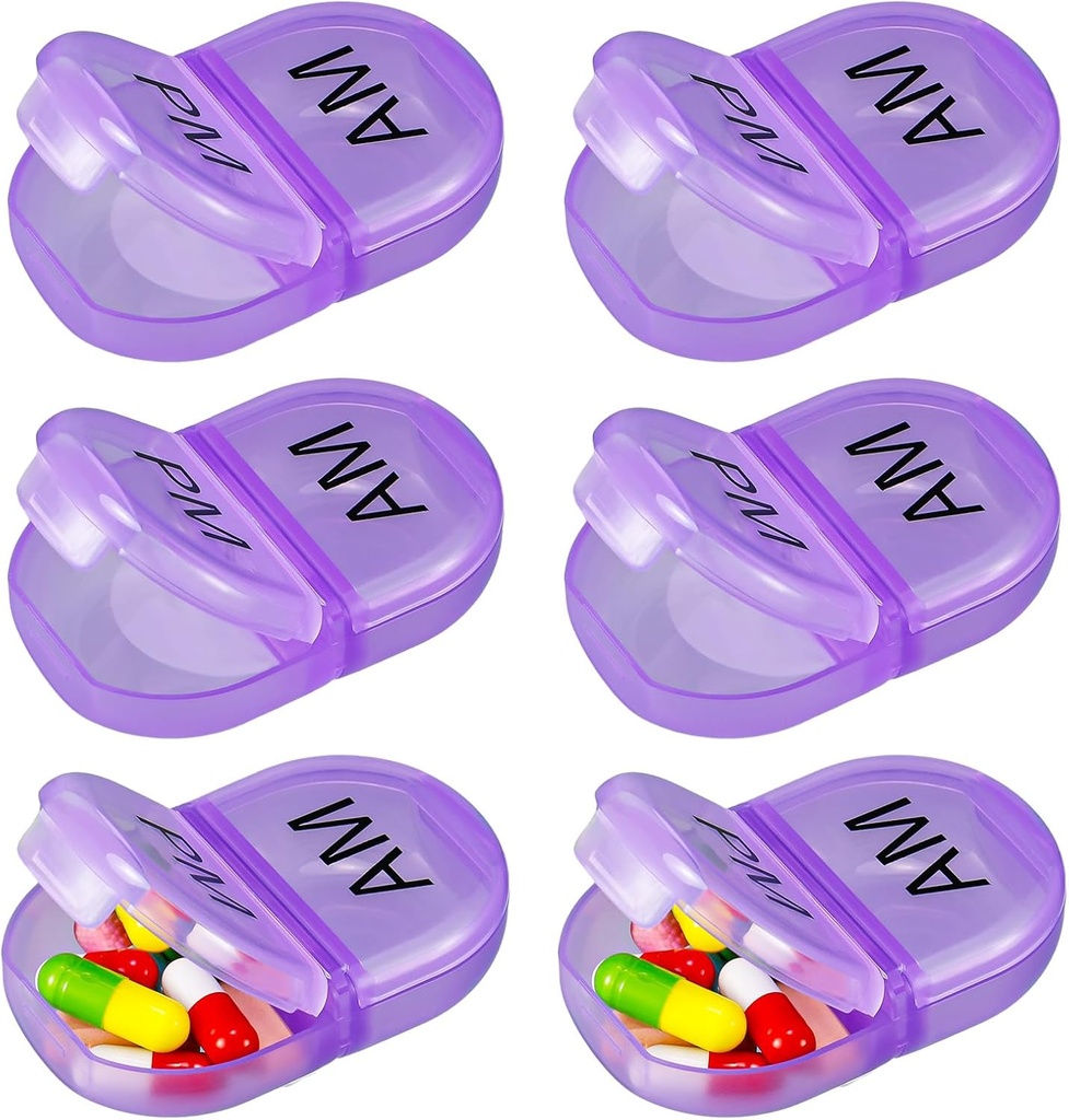 6 Pack Pill Organizer Pocket Small Case Holder Am Pm Pill Case Portable Two Compartiment Round Travel 2 fois par jour pour les suppléments de vitamines (Purple)