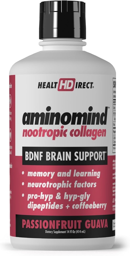 DIRECT DE SANTÉ - Amino-Mind - Supplément de collagène nootropique pour la santé du cerveau et BDNF - Dipeptides pro-hyp et hyp-gly, antioxydants de la baie de café - Goyava de fruit de passion - 14 Fl Oz (28 portions)