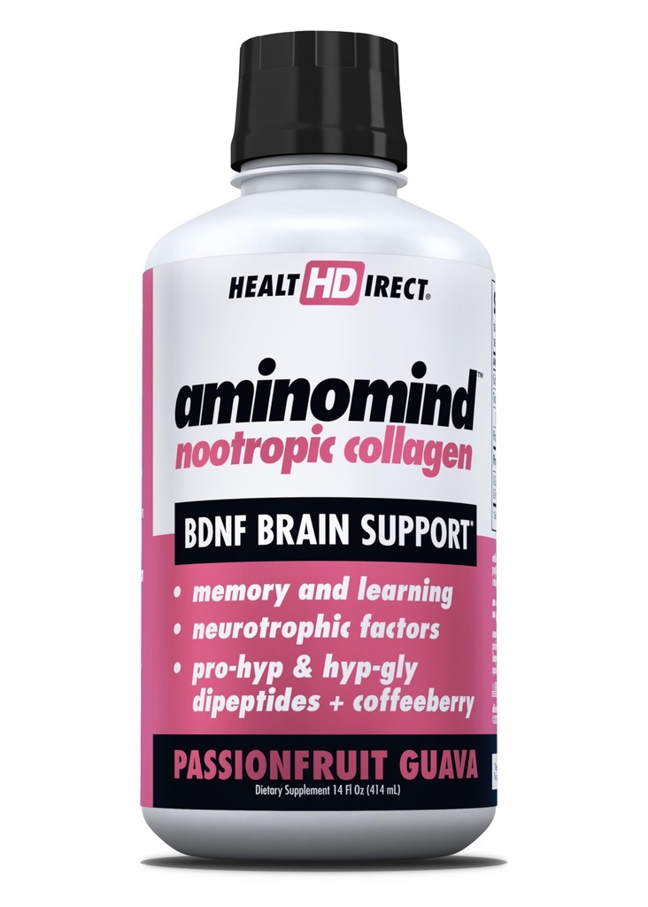 DIRECT DE SANTÉ - Amino-Mind - Supplément de collagène nootropique pour la santé du cerveau et BDNF - Dipeptides pro-hyp et hyp-gly, antioxydants de la baie de café - Goyava de fruit de passion - 14 Fl Oz (28 portions)