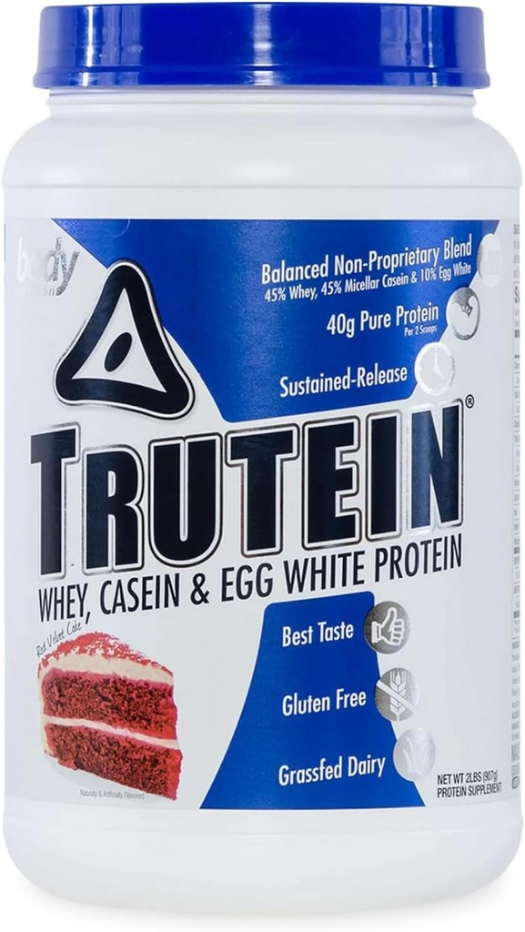 Alimentation du corps Trutein Poudre à haute teneur en protéines : 45 % Whey, 45 % Caséine, 10 % Blanc d'oeuf, Sans gluten, Faible teneur en sodium, Poudre de protéines de lactosérum, Supplément de gymnastique et petit-déjeuner Shake, Cake de velours rouge, 2lb