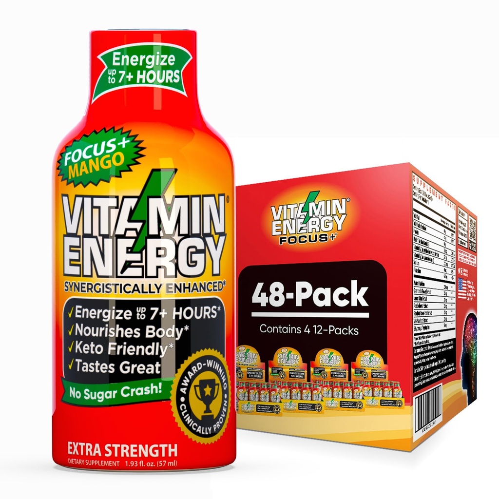 Vitamine Energy Focus+ Extra Strength Energy Shot Mango 48 Pack, 260mg Caféine naturelle, B-Vitamines, CoQ10, Acides aminés, Focus, Productivité et Clarté, Zéro sucre, Sans gluten, 1,93 fl oz