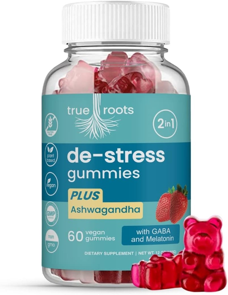 Stress Gummies Same Day Stress Relief | Destress and Calm | Ashwagandha, GABA, Melatonin, l-Theanine, Lemon Balm | Sugar Free Vegan 60 ct