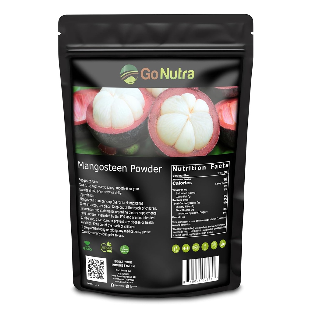 Go Nutra - Poudre de mangosteen, Poudre de super-aliments purs à base de Mangosteen. Pericarp (Hull), Antioxydant-Rich pour les yaourts, Jus de fruits, Mélange de smoothie, et plus, Non-OGM, Vegan, 8oz