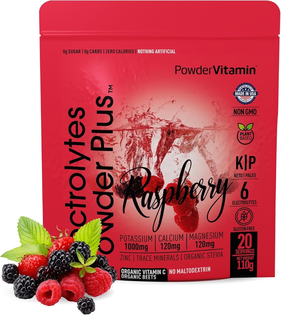PowderVitamin Electrolytes Powder Plus (20 Servings) Raspberry Electrolyte Powder Zero Calorie Keto,0 Sugar, No Maltodextrin,1000mg Potassium,120mg Calcium,120mg Magnesium, Pink Himalayan Salt