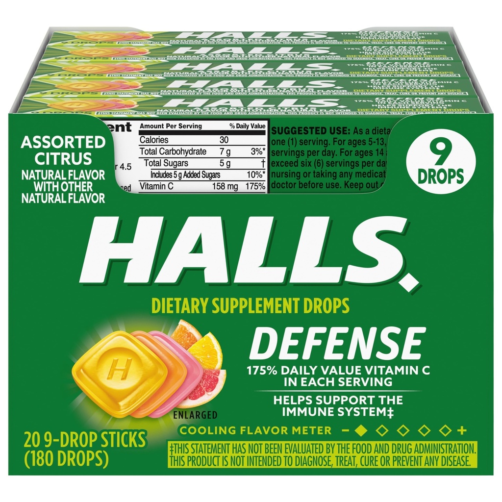 HALLS Defense Assortiment d'agrumes Vitamine C gouttes, 20 bâtonnets de 9 gouttes (180 gouttes totales)