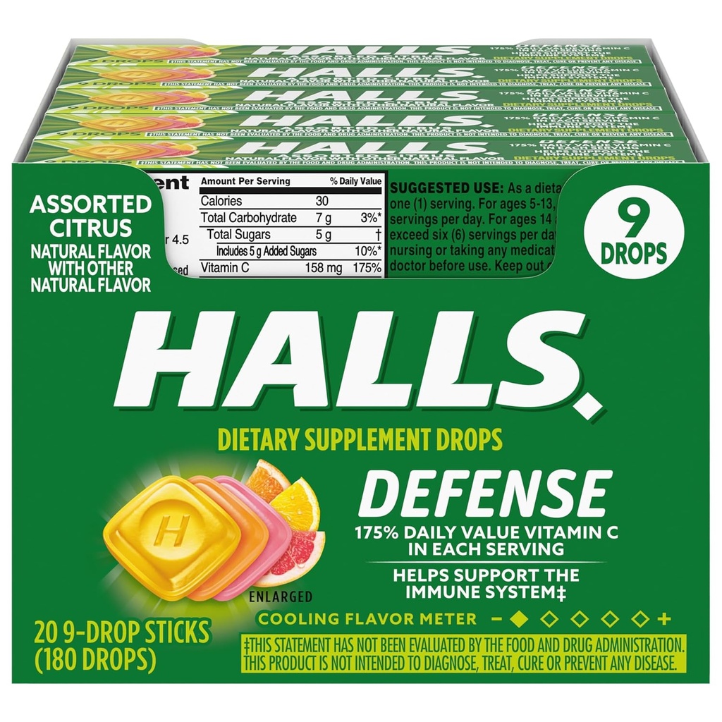 HALLS Defense Assortiment d'agrumes Vitamine C gouttes, 20 bâtonnets de 9 gouttes (180 gouttes totales)