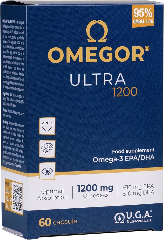OMEGOR Omega 3 Huile de poisson 1200mg Ultra - 610mg EPA et 510 DHA Omega3 IFOS certifiés - haute biodisponibilité et aucun arrière-goût (60 capsules)