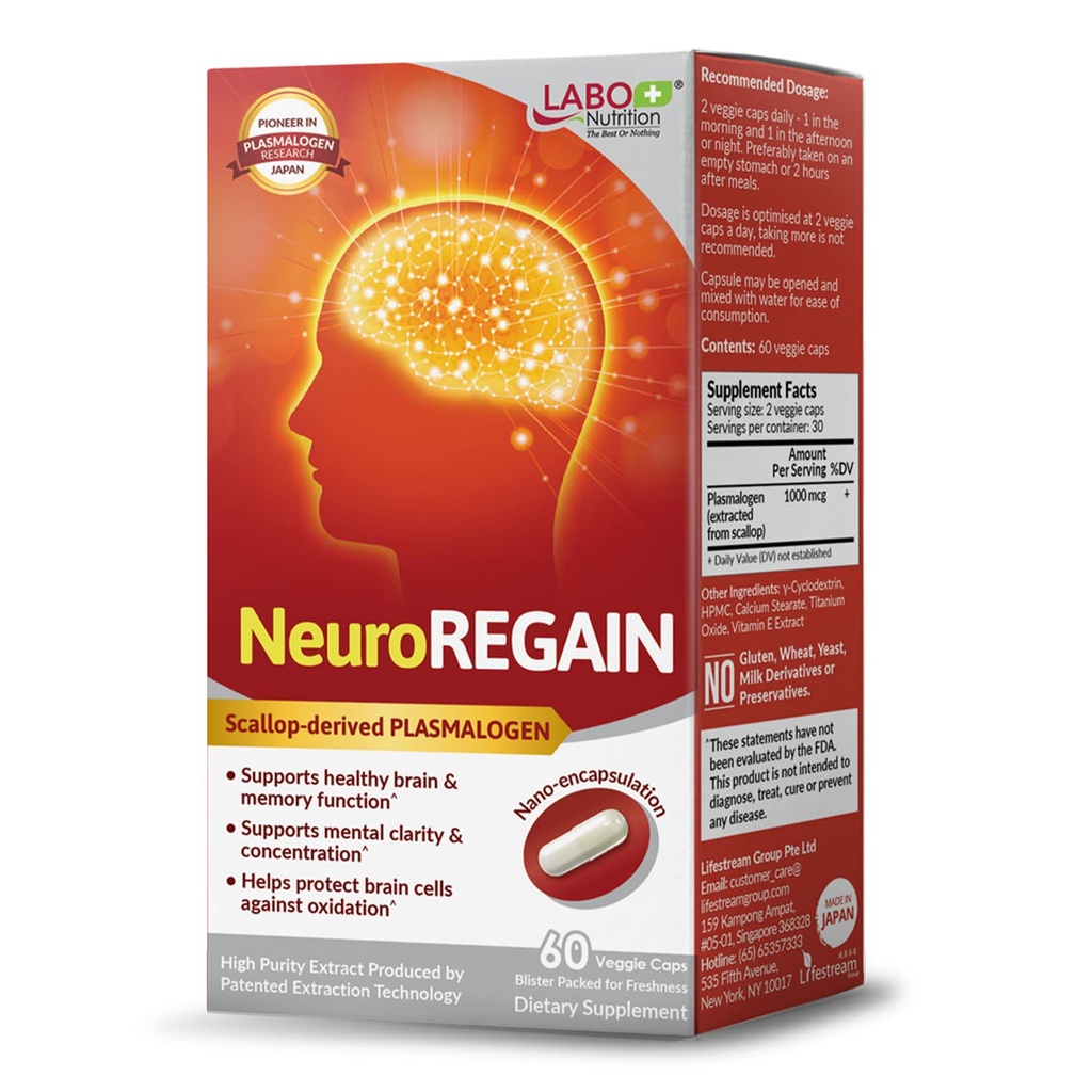 LABO Nutrition NeuroREGAIN - PLASMALOGEN dérivé du scallop pour la détérioration du cerveau, la mémoire, l'alerte, l'apprentissage, la concentration et d'autres fonctions cognitives – adapté aux aînés, aux adultes et aux femmes