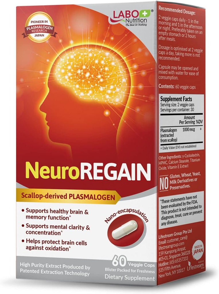 LABO Nutrition NeuroREGAIN - PLASMALOGEN dérivé du scallop pour la détérioration du cerveau, la mémoire, l'alerte, l'apprentissage, la concentration et d'autres fonctions cognitives – adapté aux aînés, aux adultes et aux femmes