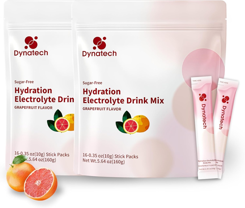 Dynatech Zero Sugar Electrolyte Drink Mix - Grapefruit - Hydration Powder Packets with 10 Electrolytes & Vitamins | Non-GMO, Gluten Free, Vegan Electrolytes Powder Packets | 32 Servings
