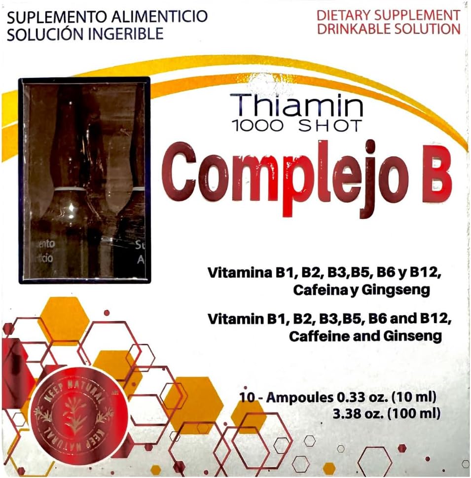Complex B, Complejo B 1000 Shot , Multi-Vitamines, Caféine, et Ginseng , Boîte avec 10 ampoules de 10ml , énergie, fonction cognitive et métabolisme santé boost .