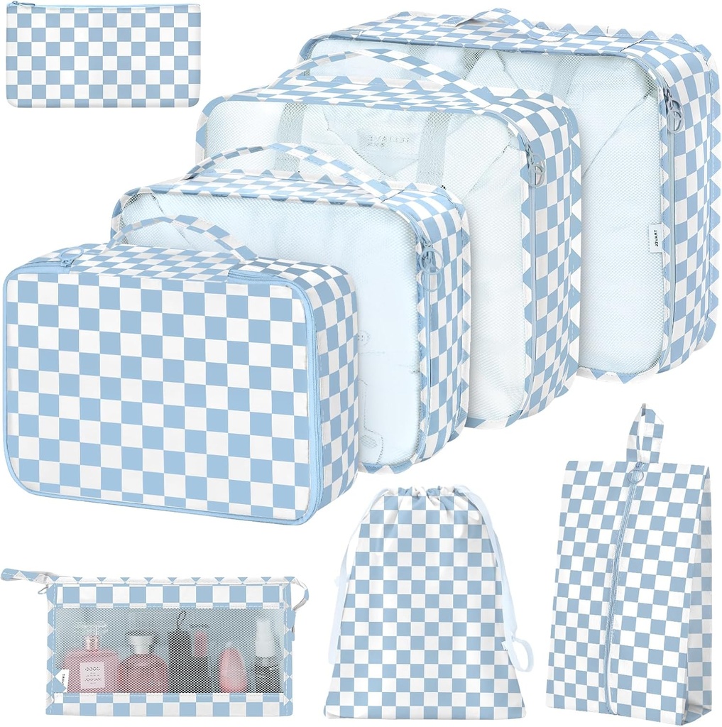 8 cubes d'emballage pour valises, cubes d'emballage avec sac de chaussures, sac de cosmétiques, sac de vêtements, accessoires sacs Cubes d'emballage pour organisateur de bagages de voyage Femmes Hommes(Blue Checkered)